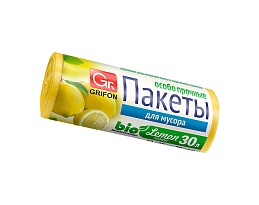Мешки для мусора 30 л, ароматизированные, Лимон, желтые, в рулоне 20 шт., ПНД, 9 мкм, 560х530 мм, GRIFON Aroma, 101-020 Li в Караганде