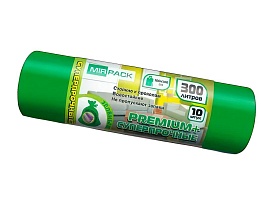 Мешки для мусора 300 л, зеленые, в рулоне 10 шт., ПВД 70 мкм, 1400х1000 мм, PREMIUM+, 300101601 в Караганде